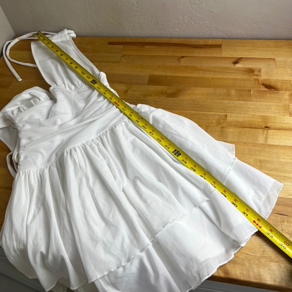 Lulus Luisella White Ruched Deep V Mesh Tiered Tie Shoulder Mini Dress Size XS - Picture 8 of 8